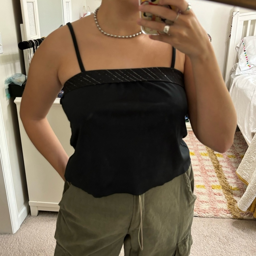 Vintage 80’s Sears Tank Top XS Sleeveless Black Silver Cami Cropped Striped